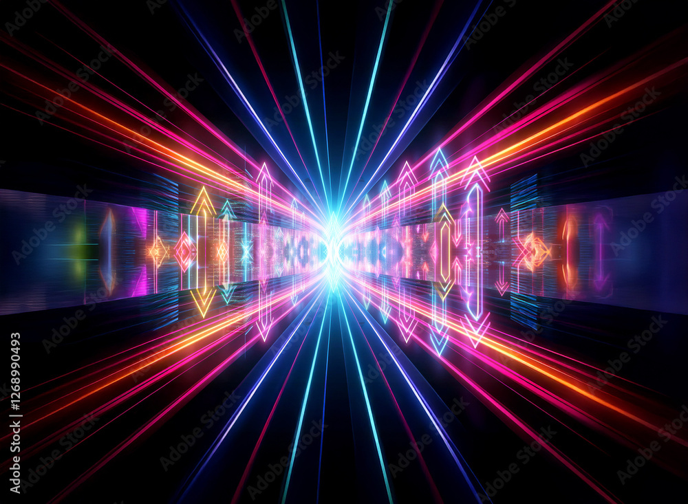 Poster vibrant neon light tunnel with converging lines creates a futuristic and energetic perspective, lead