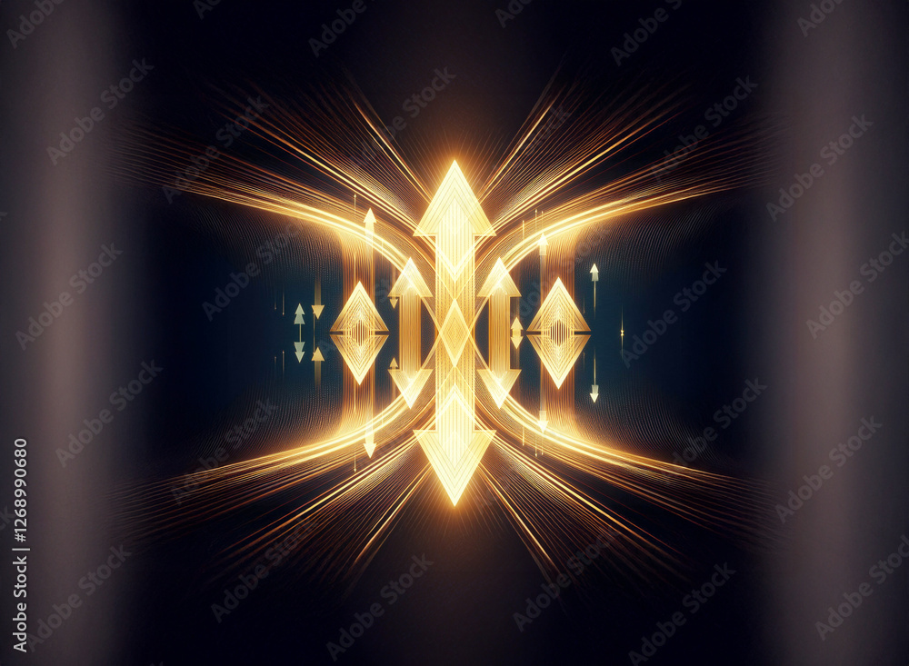 Poster abstract golden geometric shapes with upward arrows are glowing against a dark backdrop, radiating l