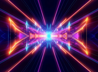 Obraz premium Vibrant neon lights create an abstract tunnel with a futuristic digital perspective. Geometric shapes and colorful lines evoke motion and energy in a cyberspace style scene.