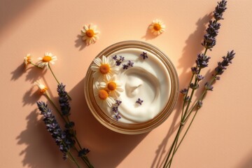 Clear skincare jar with white lotion, lavender and chamomile flowers, on warm colored background. Ideal for skincare mockup. Birds eye view.