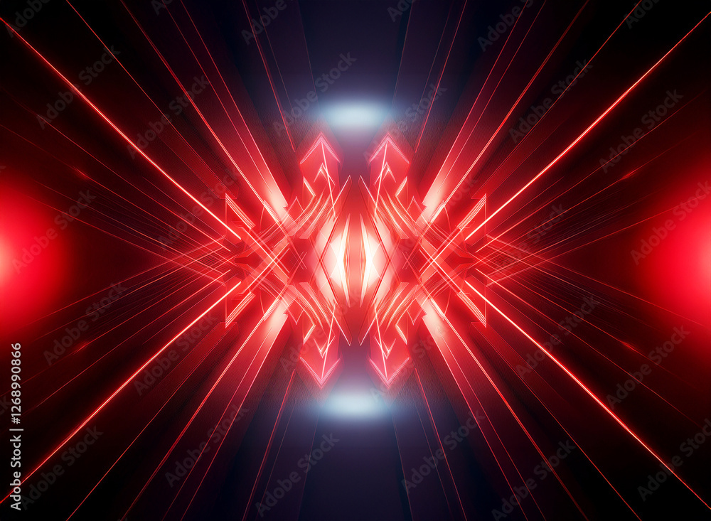 Poster Abstract symmetrical image featuring dynamic red and blue light streaks converging towards the center, creating a futuristic and vibrant design on a dark background.