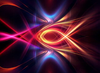 Fototapeta premium Vibrant abstract artwork featuring flowing luminous curves in pink, orange, and blue. Dynamic lines create energy and movement in a dark space.