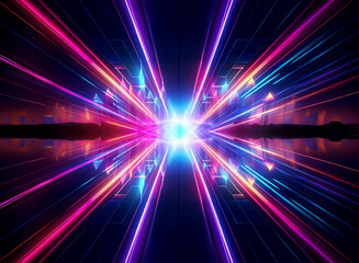 A symmetrical abstract design featuring bright, radiating light beams in vibrant neon pink, blue, and purple, converging towards a central point, creating a futuristic tunnel effect.
