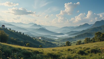 Obraz premium A serene valley adorned with trees, set against a backdrop of majestic mountains