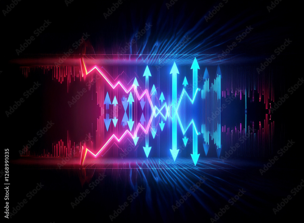 Aufkleber vibrant neon blue and red arrows and wave forms illuminate the dark backdrop. abstract digital art w