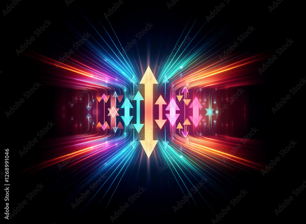 Aufkleber Vibrant beams of light radiate from a central point with vertical arrows, creating a dynamic abstract design against a dark backdrop.