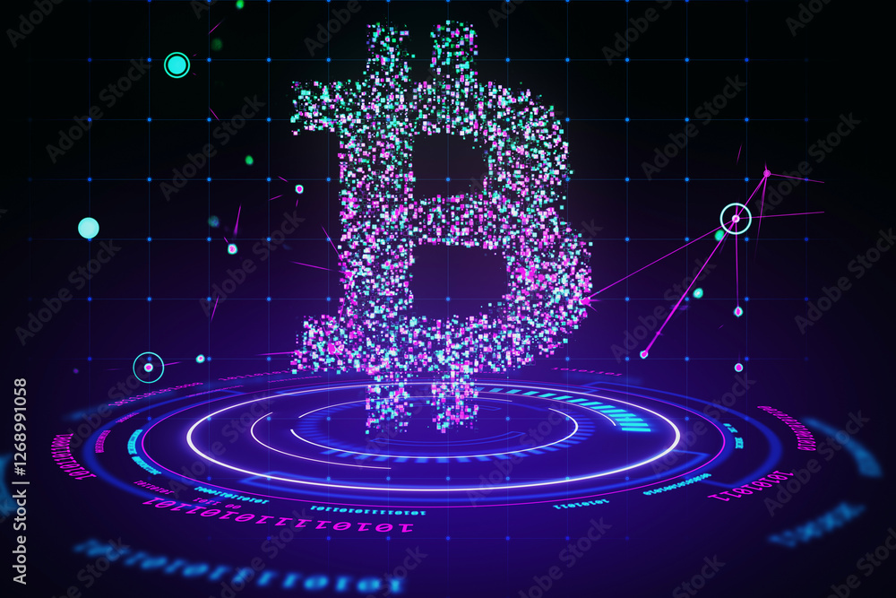 Aufkleber Bitcoin symbol made of digital particles with neon lights and futuristic data elements on a dark background. 3D Rendering