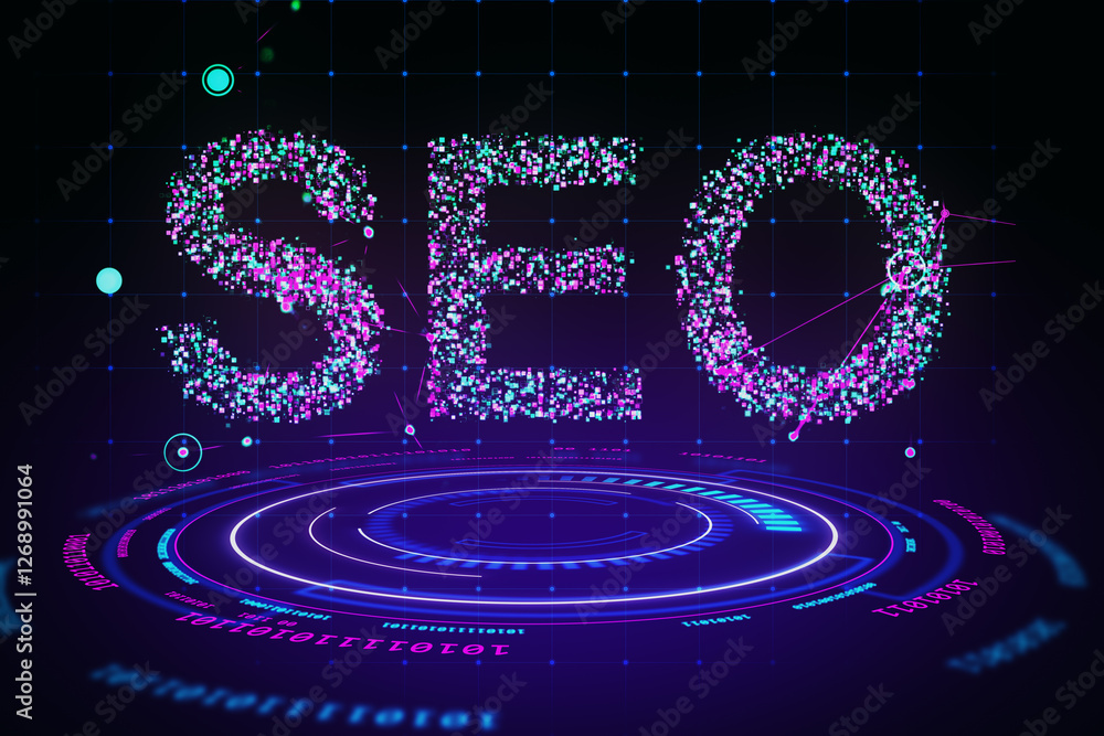 Poster SEO digital technology concept with glowing neon particles and futuristic holographic interface on dark cyberspace background. 3D Rendering