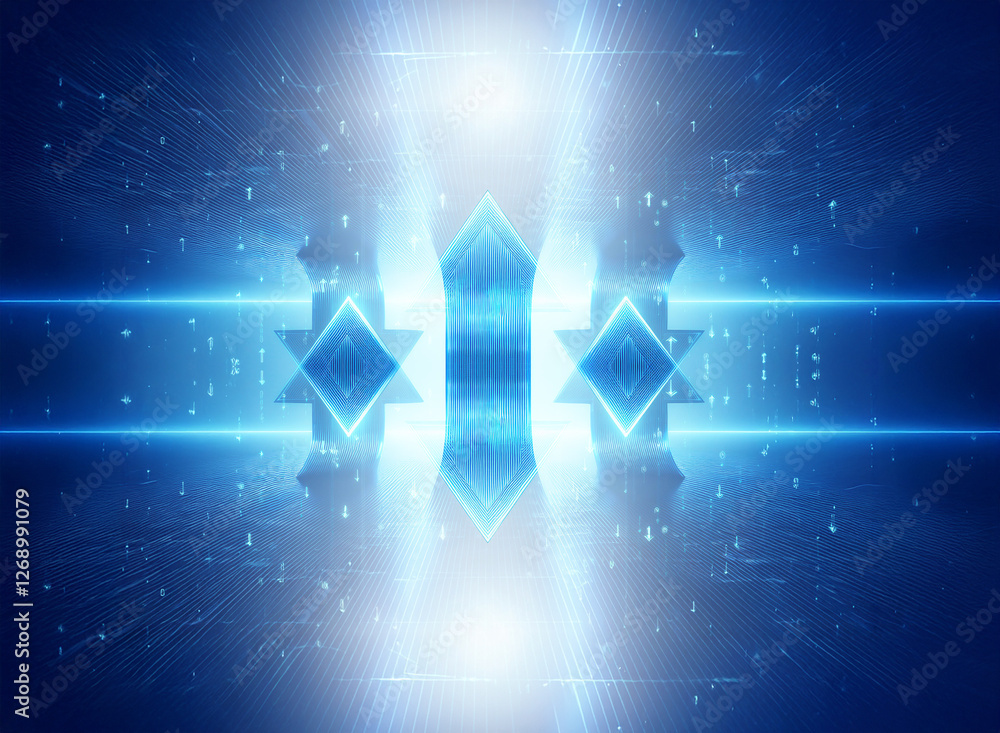 Poster abstract glowing blue and white digital design featuring geometric shapes, lines, and particles, cre