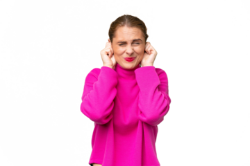 Young caucasian woman over isolated background frustrated and covering ears