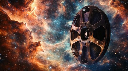 Obraz premium Vibrant Nebula with Floating Vintage Movie Reel
