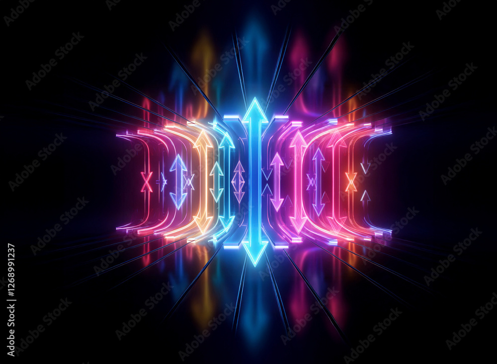 Poster abstract neon geometric shape with vibrant colors glows against a dark background. arrows indicate m