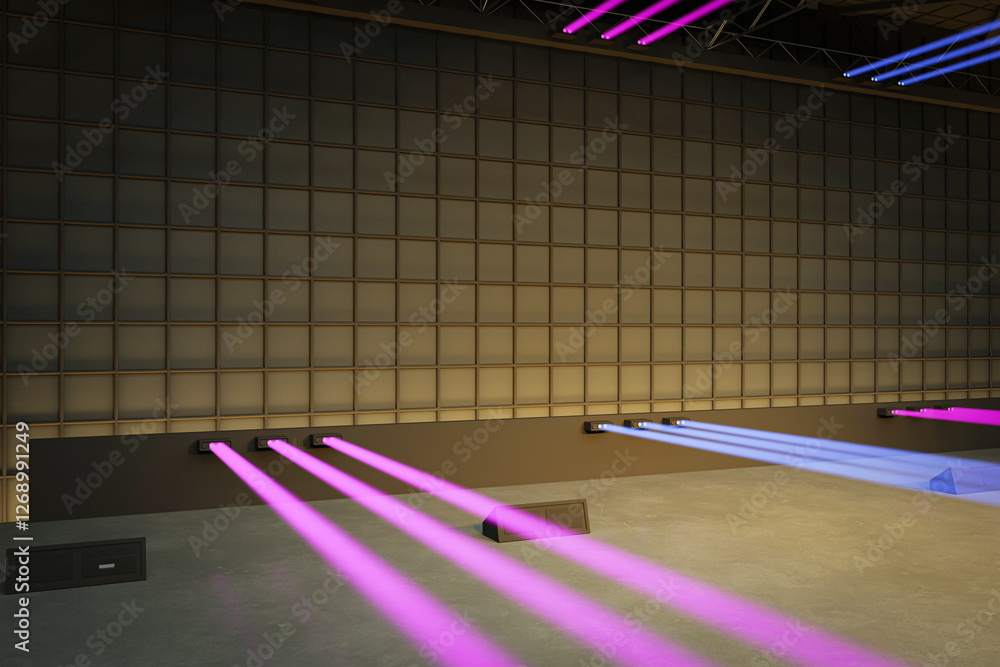 Poster abstract background with pink and blue light beams projected onto a tiled wall in a dimly lit indust
