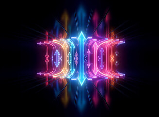 Abstract neon geometric shape with vibrant colors glows against a dark background. Arrows indicate movement within the structure.  Illuminated and symmetrical design.