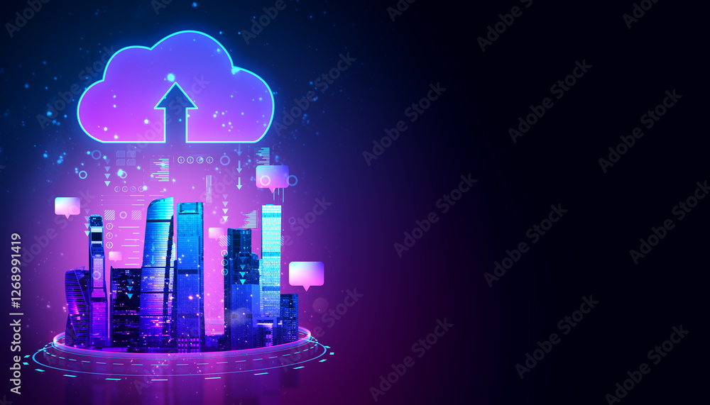 Poster futuristic smart city with cloud computing technology in neon blue and purple hues. 3d rendering