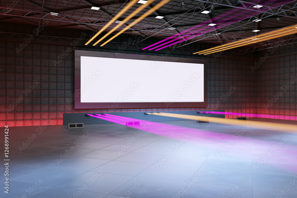 Poster large exhibition screen in a modern event hall with neon and laser lighting. 3d rendering
