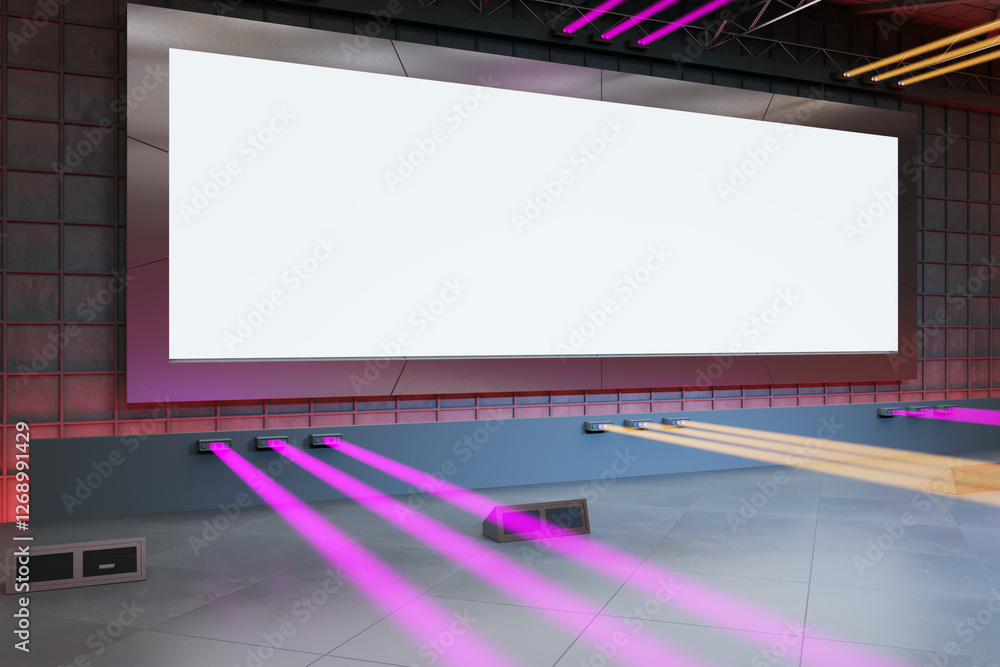 Poster large blank screen in modern exhibition hall with colorful laser lights. 3d rendering