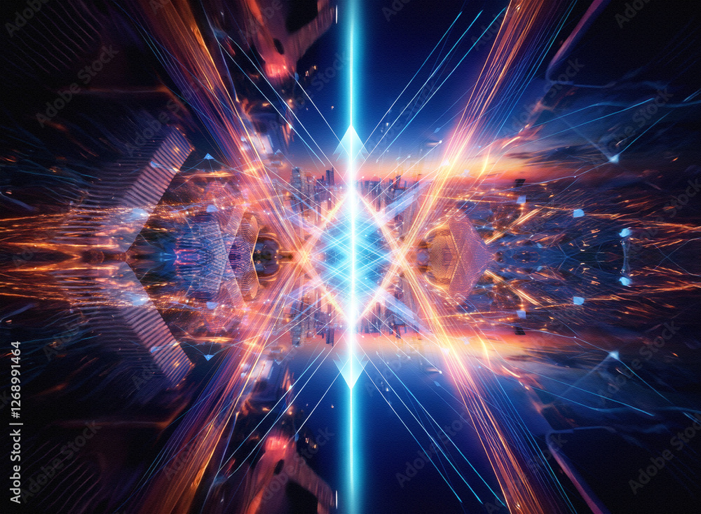 Poster abstract digital art with geometric shapes and vibrant lines. glowing blue and orange colors create 