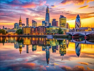 Naklejka premium London Skyline, River Thames at Sunset - Panoramic Cityscape Stock Photo