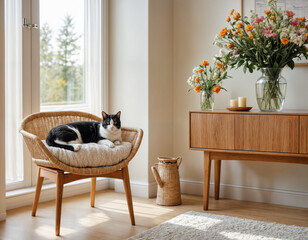 Stylish modern Scandinavian interior of living room with seasonal flowers on the wooden console and sleeping cat on the armchair in hard sunlight. Cozy home interior design with spring or summer mood.