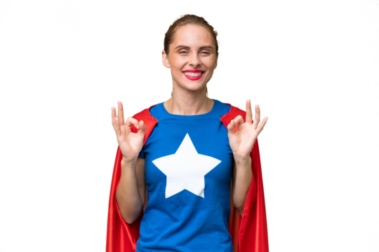 Super Hero caucasian woman over isolated background showing an ok sign with fingers - Powered by Adobe
