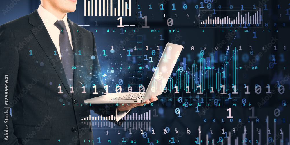Poster Businessman using laptop with data and statistics on digital background.