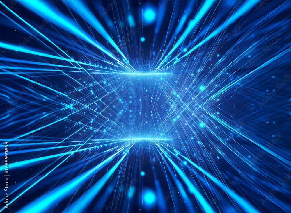 Poster abstract blue light streaks converge towards a central bright point, creating a sense of depth and m