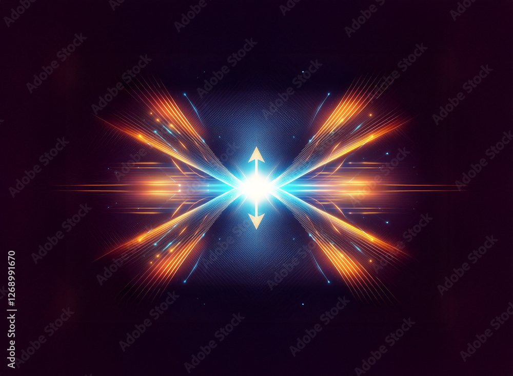 Poster abstract image of a bright blue light source in the center, with dynamic orange and blue rays expand