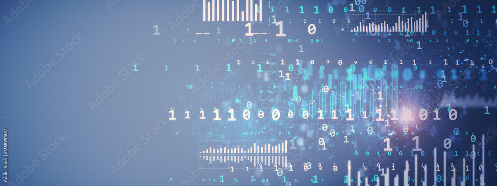 Leinwandbilder Futuristic digital background with binary code and data visualization on blue backdrop. 3D Rendering