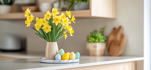 Easter flowers with painted eggs in a kitchen interior for spring holiday