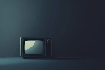 A vintage television sits silently in a darkly shaded room