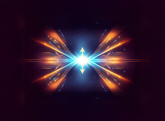 Fototapeta premium Abstract image of a bright blue light source in the center, with dynamic orange and blue rays expanding outwards like wings against a dark background.