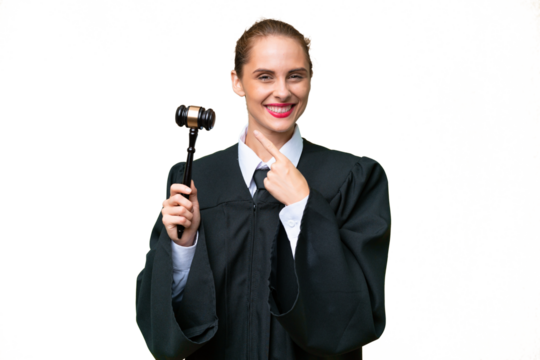 Judge caucasian woman over isolated background pointing to the side to present a product