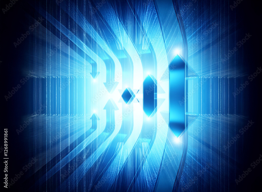 Poster Abstract blue backdrop featuring illuminated geometric forms and directional arrows converging towards the middle, evoking a sense of modern technology and movement.