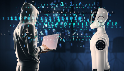 Cybercriminal in hoodie hacking artificial intelligence humanoid robot in digital cyber environment.