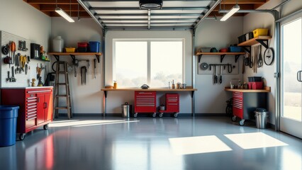 Heated garage, Spacious garage wall storage and clean workbench photorealistic.