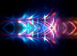 Obraz premium Abstract glowing lines in blue, purple, and orange hues radiate against a dark backdrop. Symmetrical and futuristic, the design evokes a technological and dynamic feel.