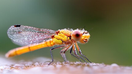 Dew-kissed damselfly on leaf, garden background, nature macro