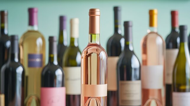 An Array of Wine Bottles with a Highlighted Rose on Pastel Background