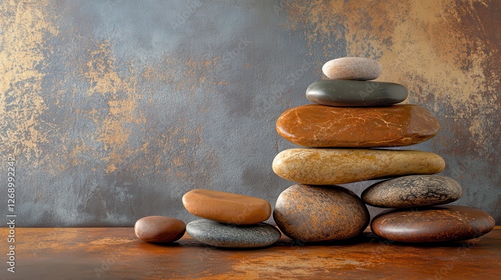 Poster stack of smooth natural stones on rustic background for relaxation