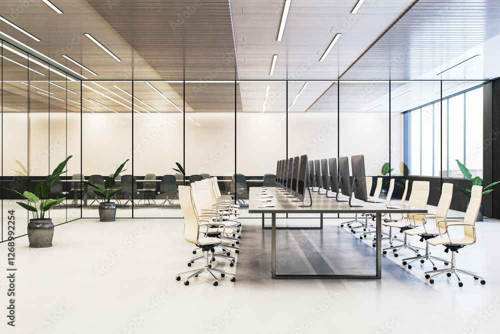 Aufkleber modern empty office workspace with sleek design and glass partitions. 3d rendering