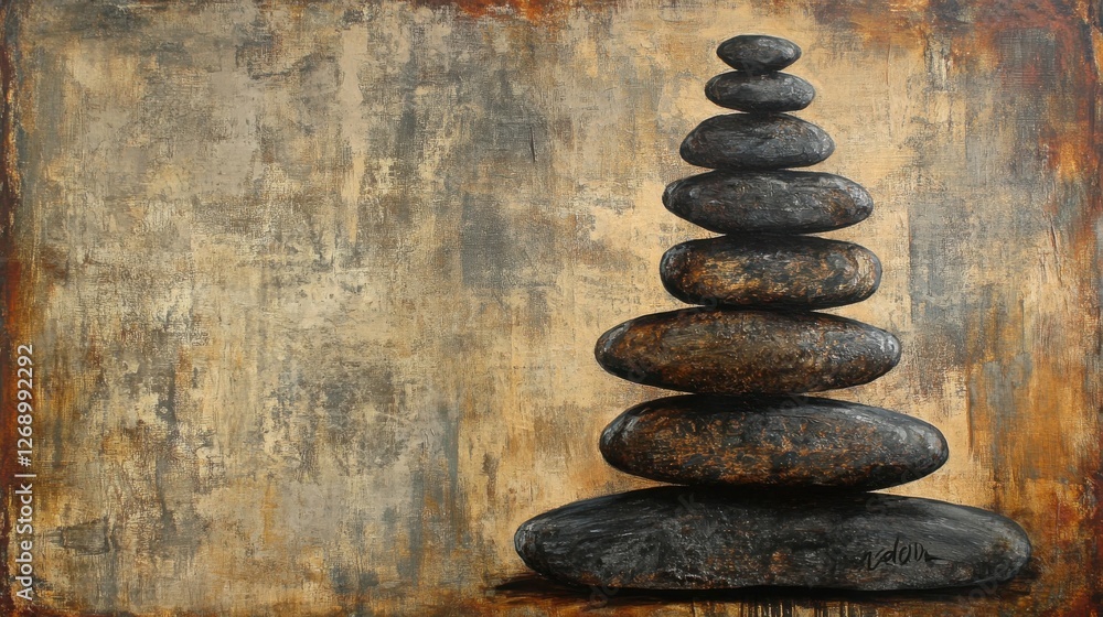 Poster Serene Stacked Stones on Rustic Background for Tranquil Spaces