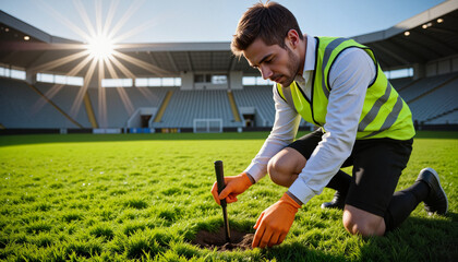 Focused male groundskeeper using soil probe to assess turf health on a sunny football field