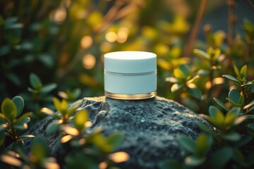 A simple skincare jar on a natural rock, in green setting with greenery and natural sunlight. Ideal for skincare product mockup. 