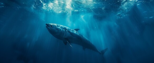 Fototapeta premium Majestic Great Shark Underwater Scene Ocean Deep Blue Sunlight Rays