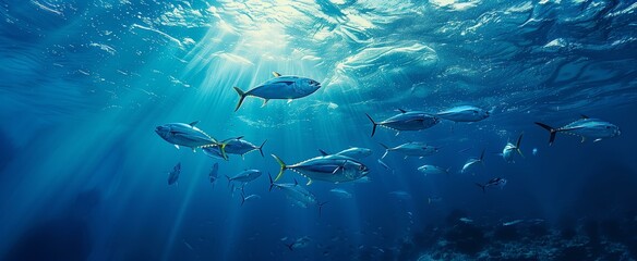 Fototapeta premium A School of Tuna Swimming in the Ocean Depths with Sunbeams Shining Through the Water
