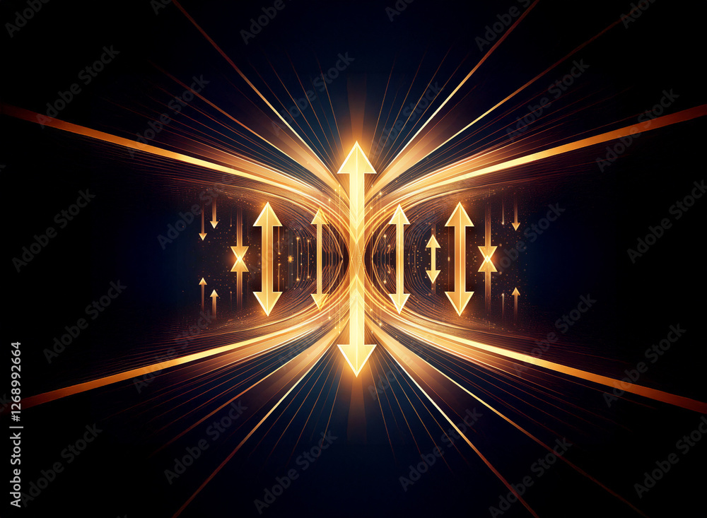 Poster symmetrical golden arrows and lines radiate from the center on a dark backdrop, creating an abstract