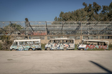 The abandoned buses on war damaged part of Beirut, Lebanon.
