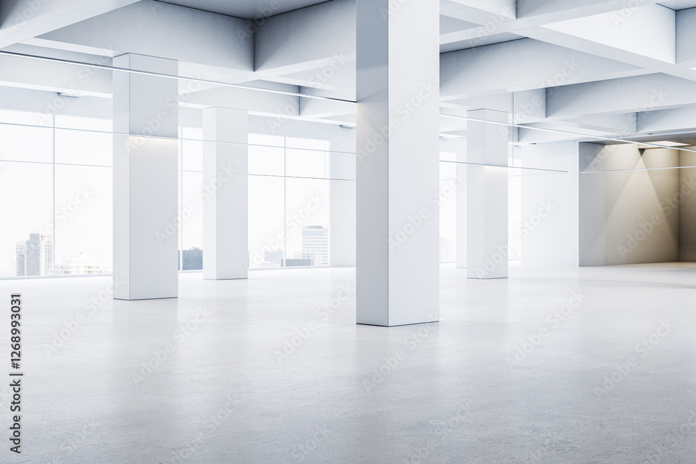 Poster modern empty exhibition hall with large windows and white concrete pillars. 3d rendering