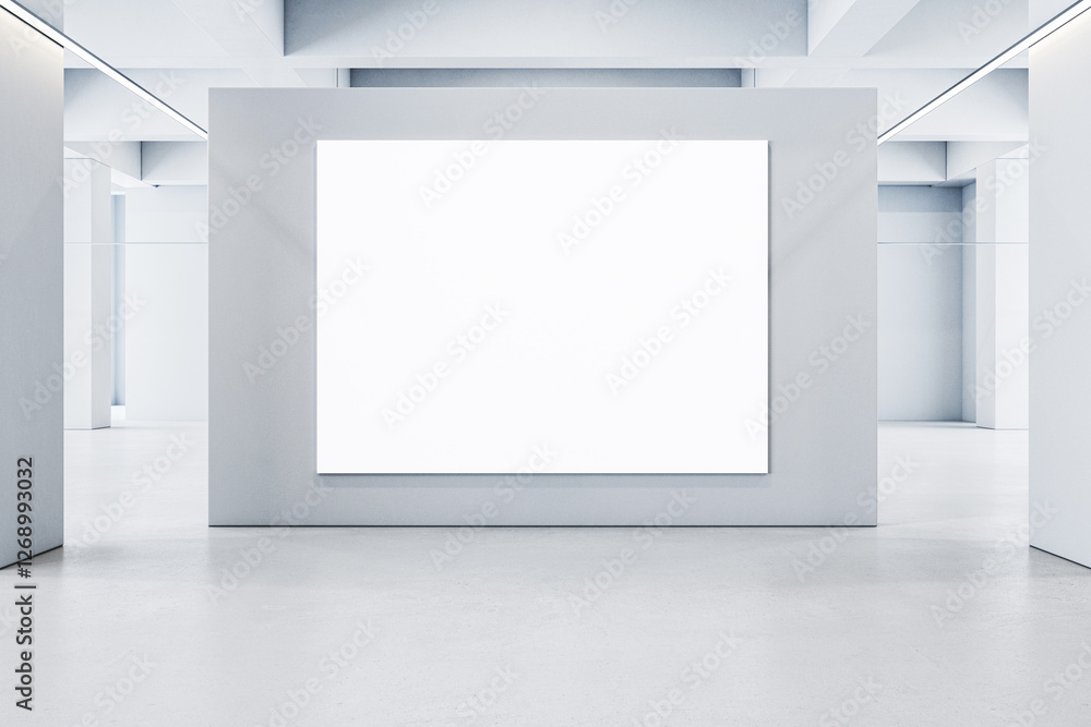 Poster modern exhibition gallery with large blank canvas on concrete wall. 3d rendering